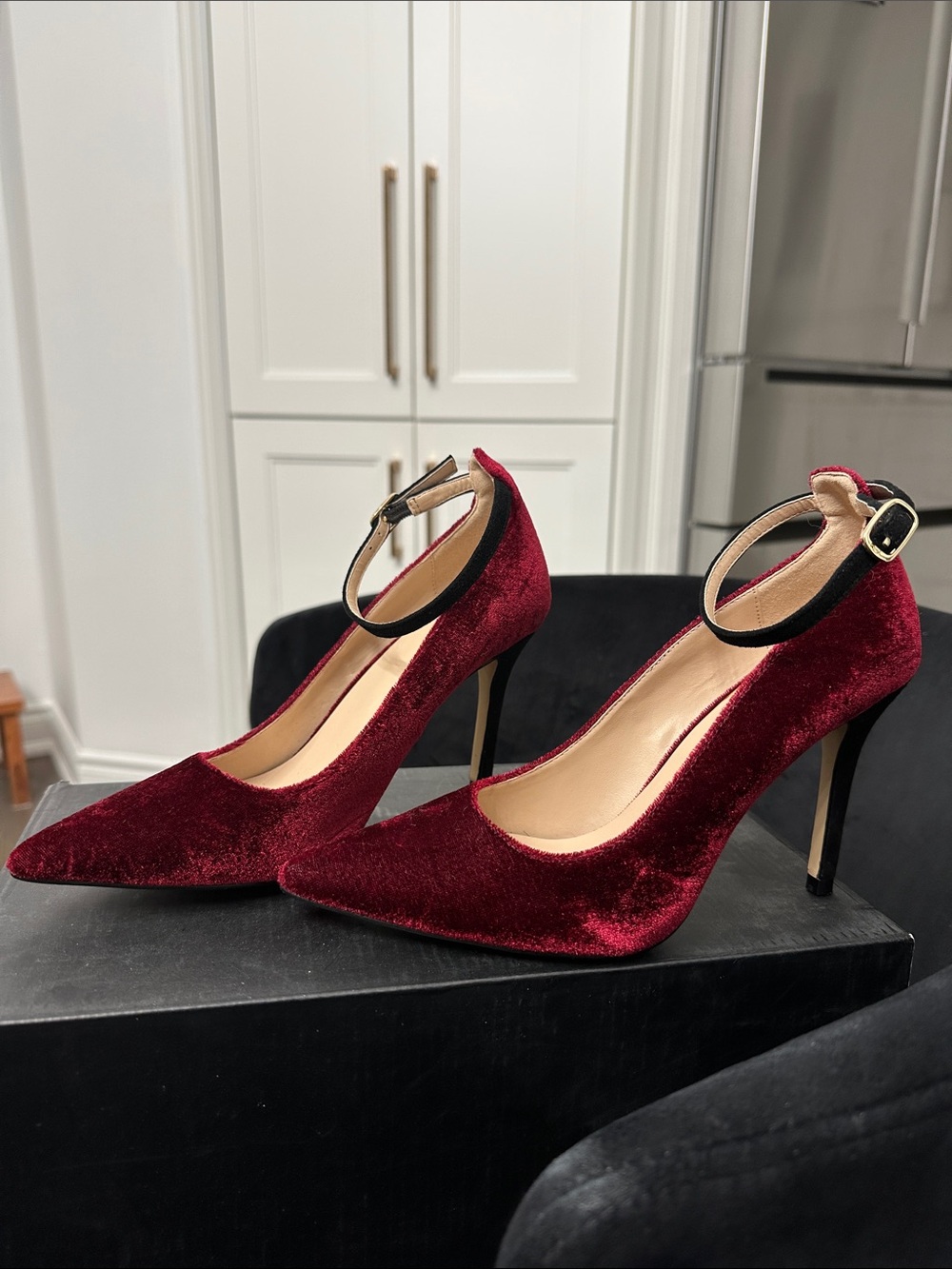 RW&CO. Burgundy Velvet Pointed-Toe Ankle-Strap Heels